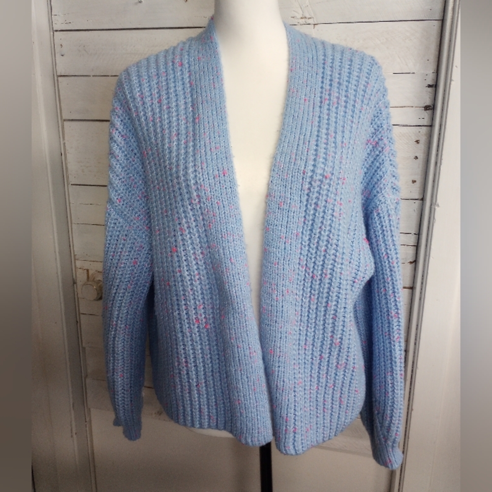 Ultra Flirt Women’s Cardigan Sweater Large Blue Pink Speckle Open Front Chunky